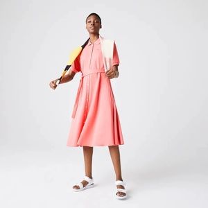 NWT Lacoste Women's Short Sleeve Buttondown Belted Pique Polo Dress in Salmon